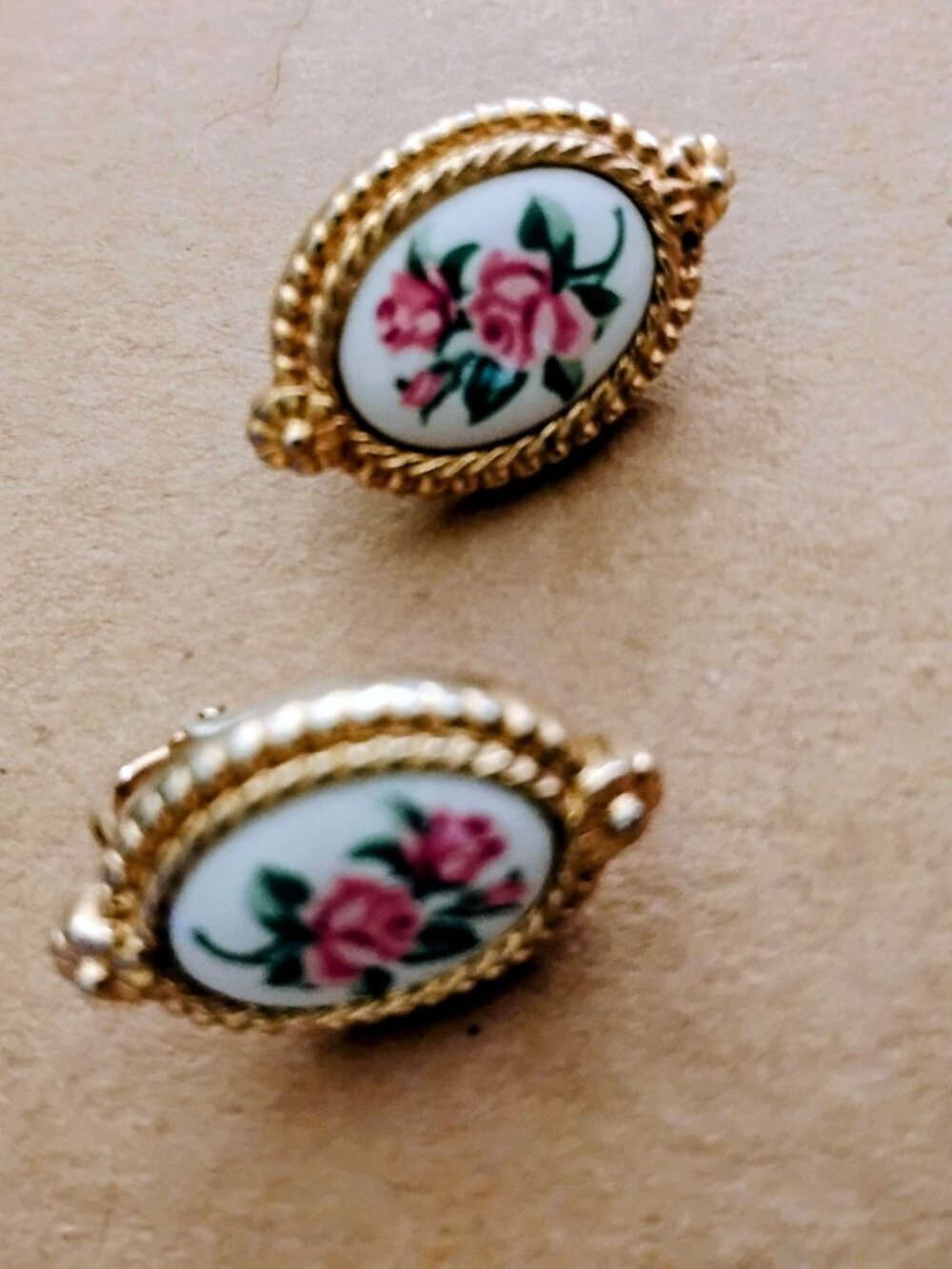 Vintage Avon Red Roses on Porcelain Earrings, Gold Tone,